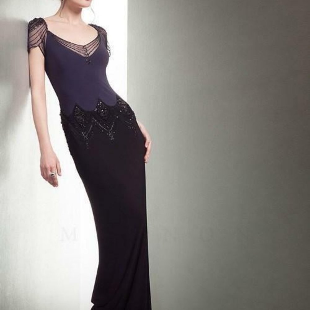 NWT Mignon Beaded Embellished Graphite Black Evening Gown